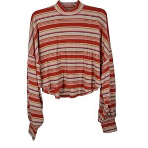 Free People Steph Striped Crop Ballon Sleeve Shirt Size Small